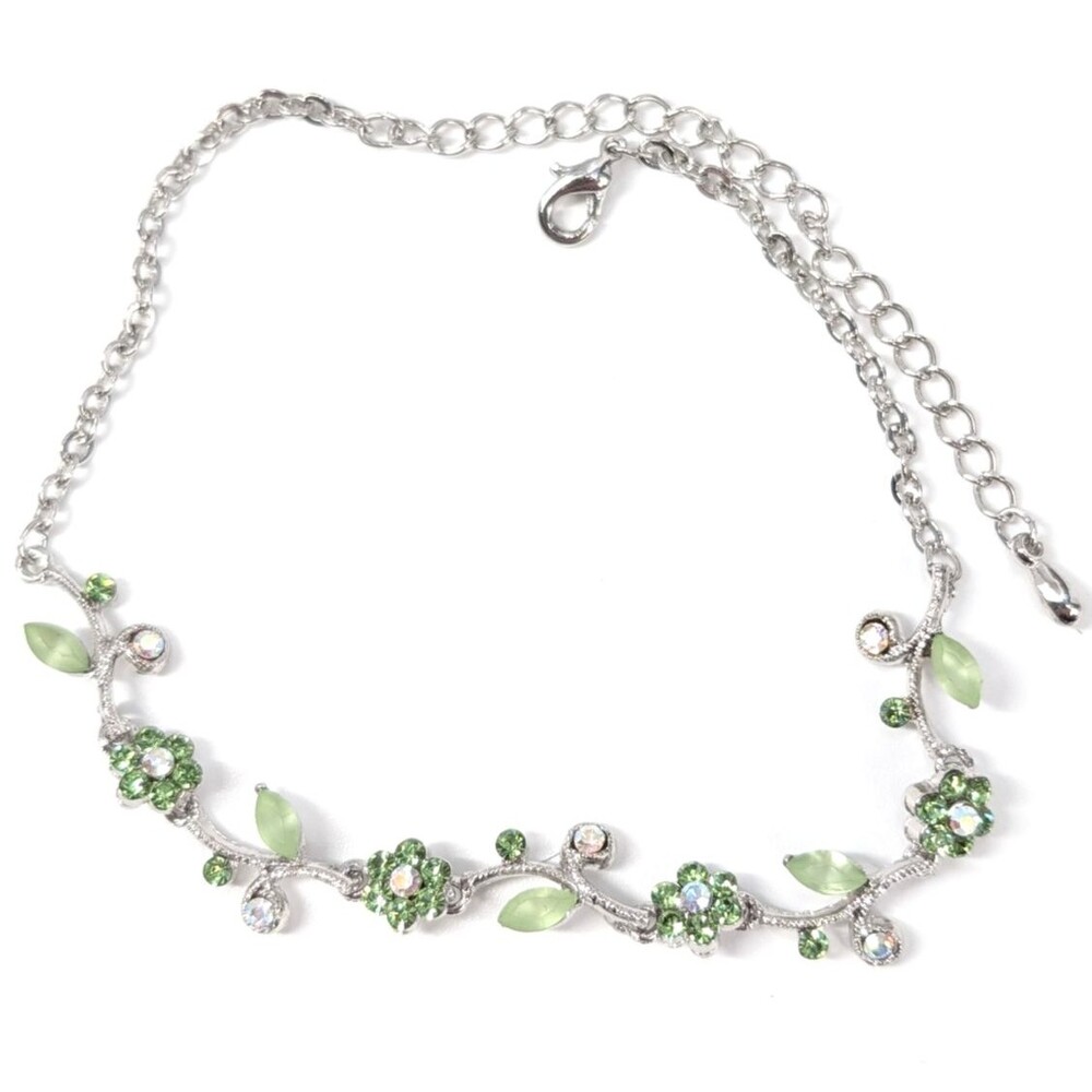 Green Floral Vintage Silver Tone Leaves Flowers Sparkly Glam Rhinestone Bracelet